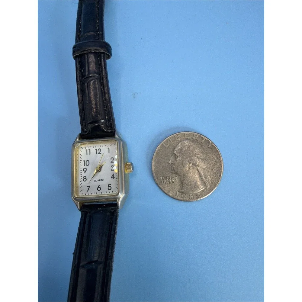Women's Gold Tone Rectangle Quartz Watch Black Band 57818KMT New Battery